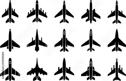 "Airplane Silhouettes Set – Military and Commercial Aircraft Icons"