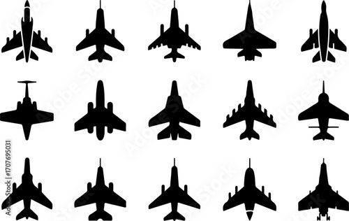 "Airplane Silhouettes Set – Military and Commercial Aircraft Icons"