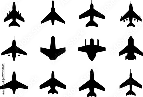 "Airplane Silhouettes Set – Military and Commercial Aircraft Icons"