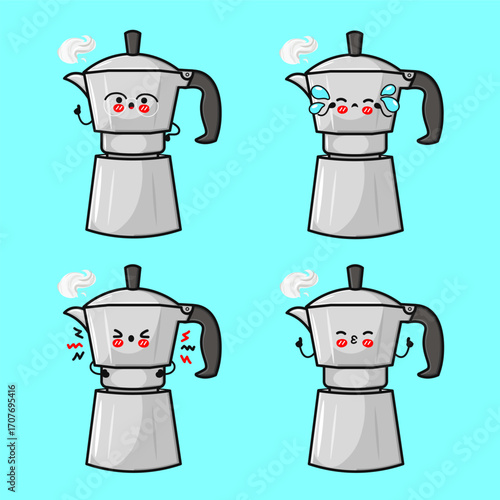 A cartoon moka pot with different facial expressions on a cyan background.
