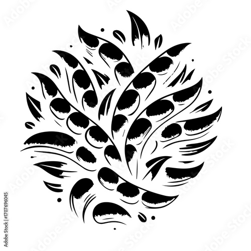 Stylized black and white drawing of clustered pea pods with leaves and scattered dots design element