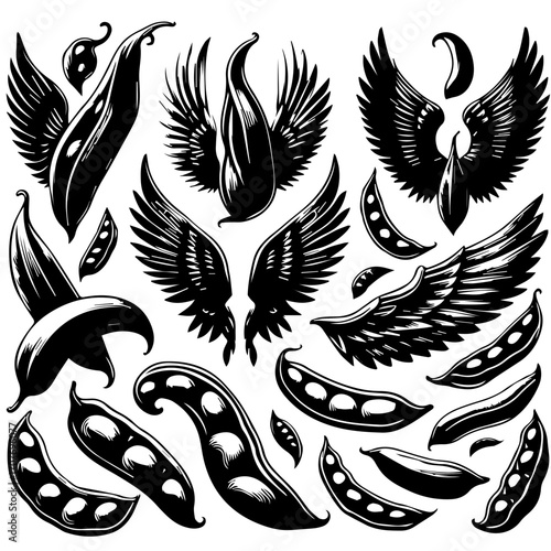 Illustration of stylized black and white pea pods and wings arranged in a random pattern design art
