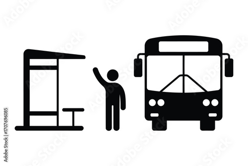 Person waving at a bus at a bus stop illustration