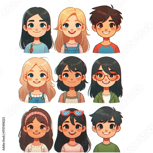 Cartoon portraits of nine diverse children with various hairstyles and clothing styles in a grid pattern