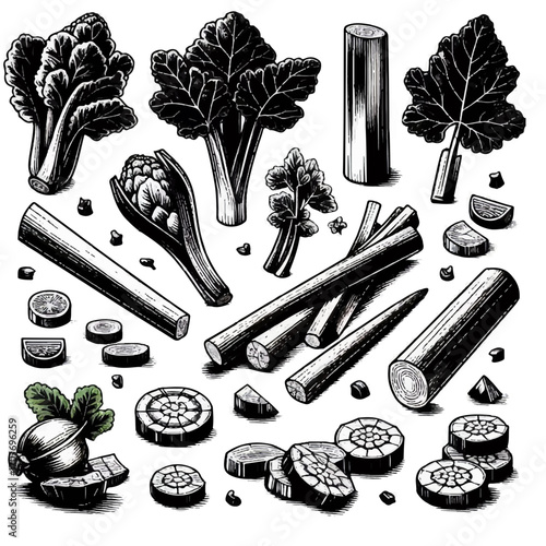 Illustration of various vegetables including leafy greens, stalks, and sliced root vegetables in black and white