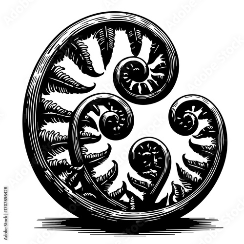 Illustration of a fiddlehead fern frond uncurling with detailed black and white line work design style