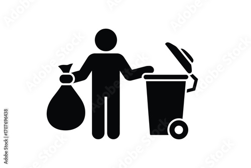 Person holding trash bag next to a wheeled garbage bin