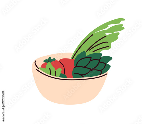 Vegetables in bowl. Fresh healthy raw ingredients. Natural vegetarian farm food. Vitamin diet snacks. Artichoke, celery stems, tomato for salad. Flat vector illustration isolated on white background