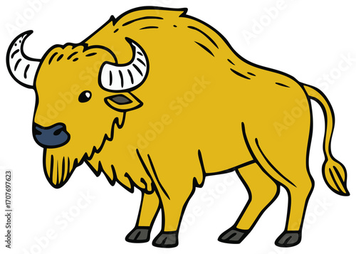 Cartoon Buffalo Illustration Standing Calmly Wild Animal Design with Golden Fur and Rounded Horns
