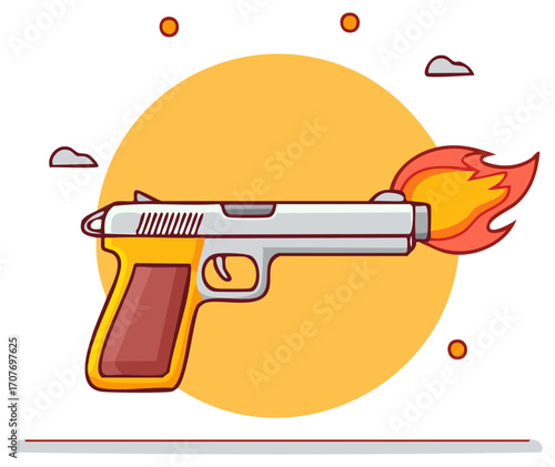 Cartoon Pistol Firing with Fiery Muzzle Flash and Orange Circle Background