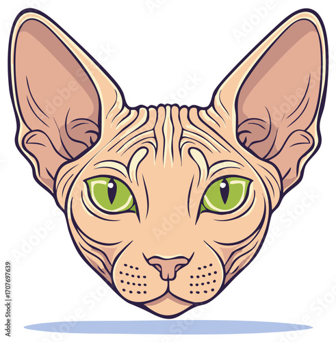 Detailed vector illustration of a hairless Sphynx cat face with large ears and vibrant green eyes