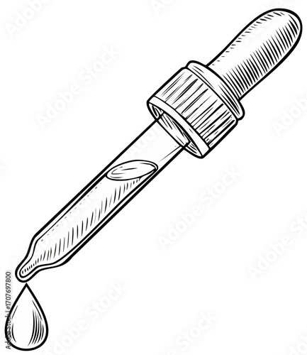 Ink drawing of dropper with liquid. Medicine application and dosage.
