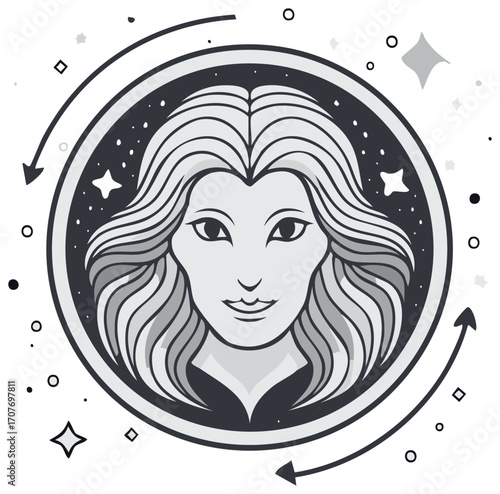 Woman Face Zodiac Sign Virgo Astrology Stars in Cosmos Circle