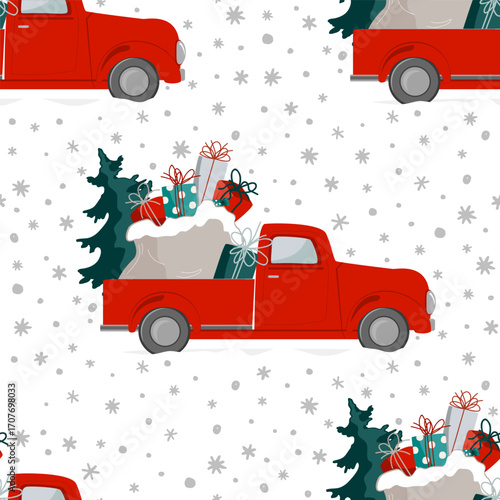 Christmas seamless pattern with a red truck carrying Xmas tree and gifts on snowflakes background. Vintage pick up truck vector illustration.