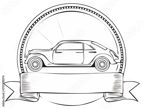 Classic Automobile Emblem with Decorative Ribbon and Beaded Frame Outline
