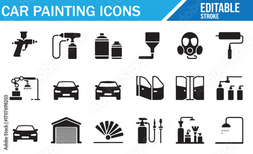 Car body workshop icons showing spray, polish, and protective gear in line style