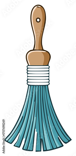 Illustration of a classic painting brush with a wooden handle and blue bristles. Paint brush art tool painting supply