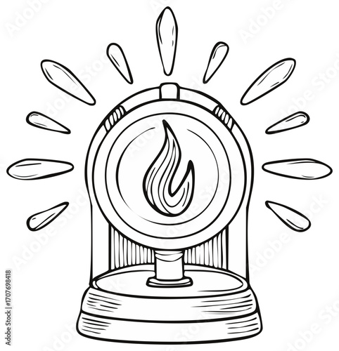 Outline drawing of fire alarm device with flame symbol and radiating lines indicating emergency warning alert