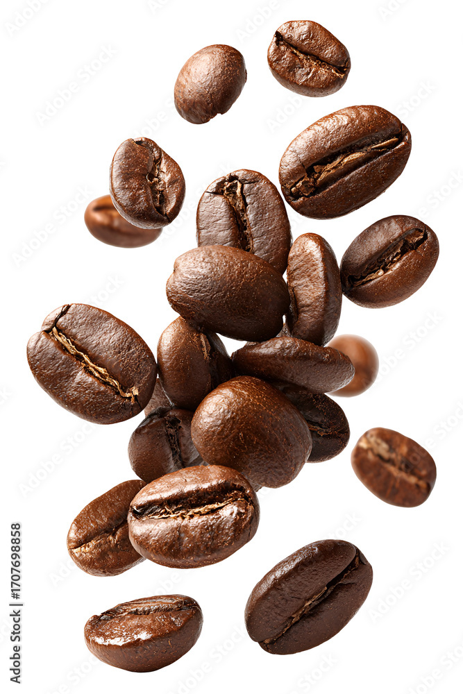 Fototapeta premium Aromatic coffee beans in mid air showcasing a vibrant freshness and offering a visual treat for coffee lovers Roasted coffee beans floating and swirling creating a dynamic and