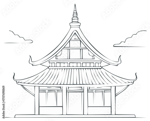 Outline sketch of a traditional Asian pagoda temple building for coloring