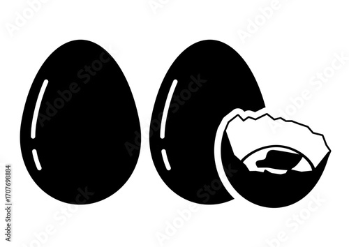 A set of three black and white vector icons of eggs. It includes two whole eggs and one cracked egg, with the shell broken to show the inside.