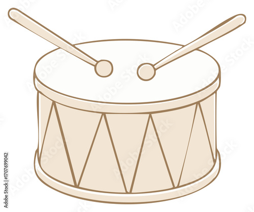 Minimalist style illustration of a beige musical drum with two drumsticks