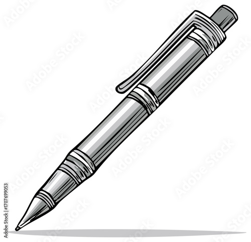 Classic silver ballpoint pen with a clip, drawn in a sketch style with shading and a subtle shadow