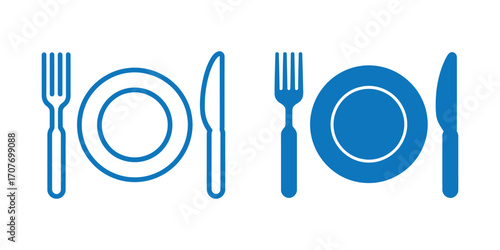 Blue dinnerware icon set isolated on white background, including plate, fork and knife, simple design