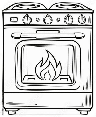 Stylized oven line art illustration with flames visible inside, appliance graphic, cooking element and dial controls, food preparation design.
