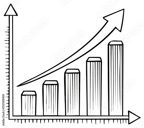 Rising bar chart line graph depicting progress success and business growth in simple hand drawn monochrome line art
