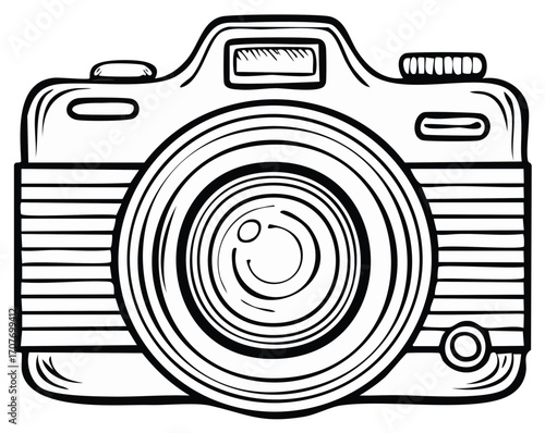 Hand drawn vintage camera illustration black and white line art