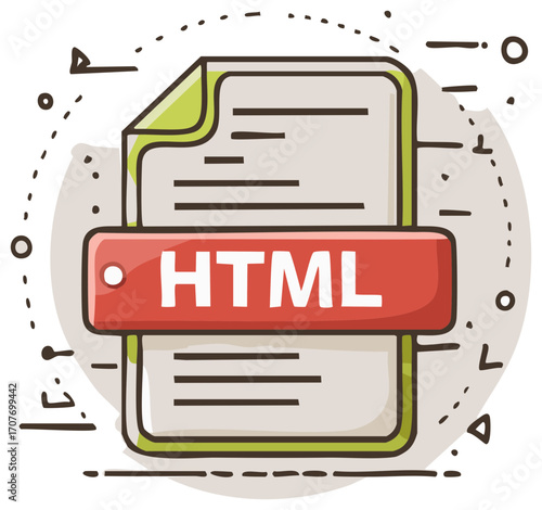 Hand drawn HTML file icon with text for web development and coding