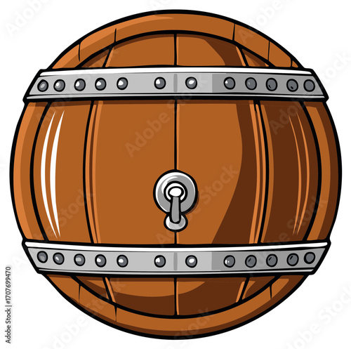 Traditional brown wooden keg illustration with shiny metal hoops and a central spigot design