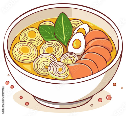 Bowl of ramen noodles with eggs, meat and leaf garnish in cartoon style.