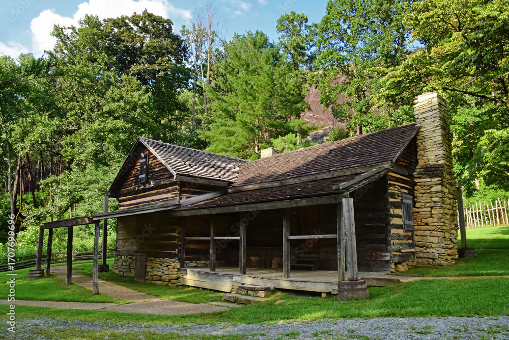 Obraz premium the historic 19th century log cabin home of the restored hutchinson homestead in summer along the stone mountain loop trail in stone mountain state park, near roaring gap, in northern north carolina