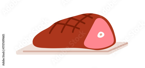 Red meat, ham on board. Cut pork with bone. Fat and protein food. Roasted baked beef, cooking. Butchery dish. Smoked grilled festive gourmet meal. Flat vector illustration isolated on white background