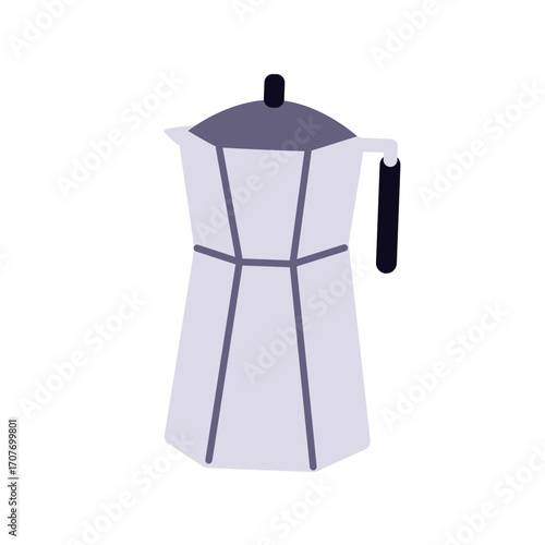 Moka pot, coffee maker. Metal stovetop coffeemaker, espresso brewing appliance. Metal coffe kettle, traditional barista tool for morning drink. Flat vector illustration isolated on white background