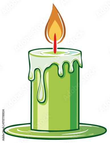 Vibrant cartoon illustration of a lit green candle with melting wax and a bright flame