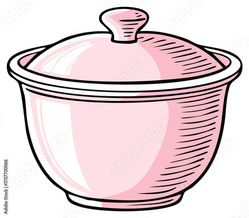 Vintage style pink ceramic lidded pot or serving bowl illustration kitchenware object