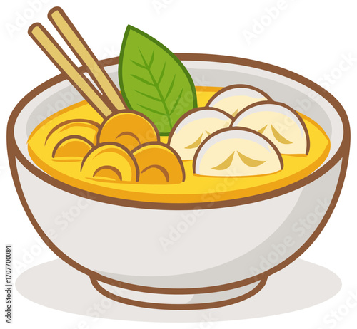 Cartoon illustration of a traditional Asian banana dessert soup in a white bowl with garnish