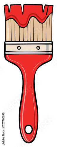 Painting tool with red handle and bristles covered in red paint