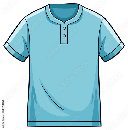 Light blue short sleeve henley shirt with two buttons and a curved neckline