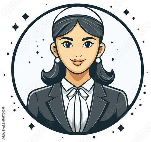 Smiling professional woman cartoon avatar in business suit with bow tie and elegant headband