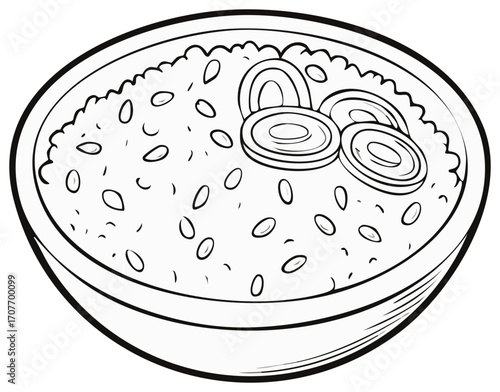 Bowl of Porridge with Toppings Line Art Vector Illustration for Culinary Designs