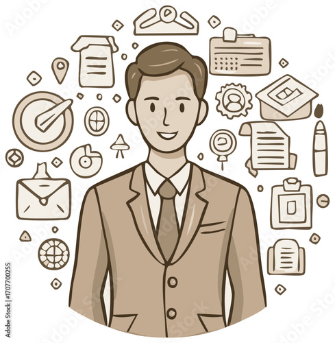 Smiling Businessman Surrounded by Doodle Icons Representing Career and Success Elements
