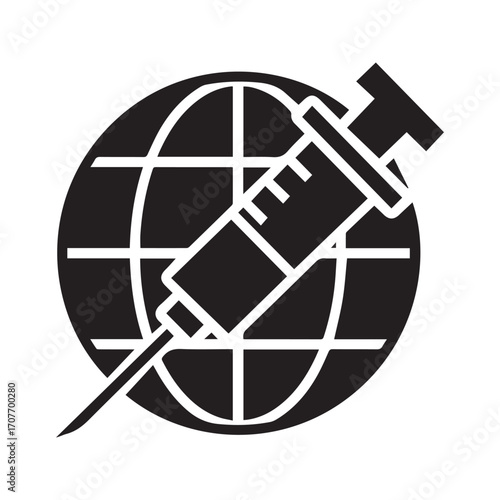 Global vaccination icon. Syringe on a globe symbol representing worldwide immunization, pandemic prevention, and international public health.
