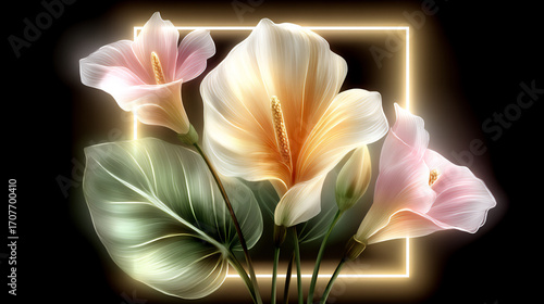 modern neon floral outlines geometric frame.