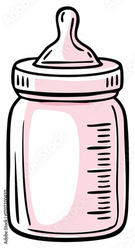 Cute pink baby feeding bottle with nipple and measurement lines hand drawn illustration