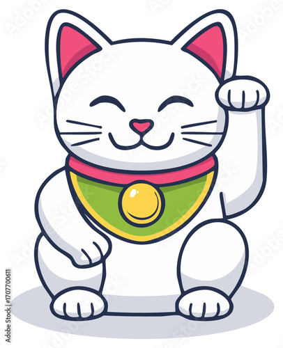 Illustration of a White Maneki Neko Cat with Raised Paw Symbolizing Good Luck and Prosperity