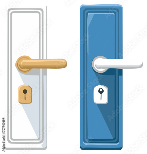 Cartoon door handles, a white door with gold handle and blue door with silver handle side by side.